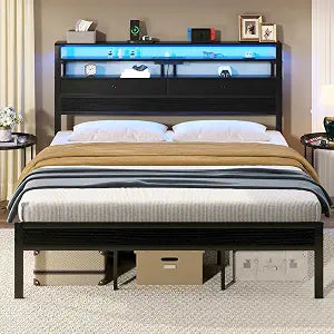 King Size Bed Frame with LED Lights and Charging Station, view 2