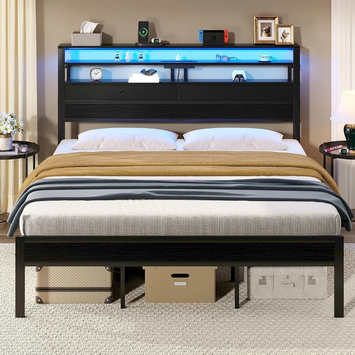 King Size Bed Frame with LED Lights and Charging Station
