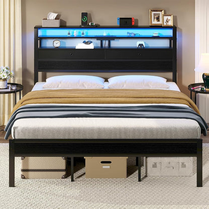 King Size Bed Frame with LED Lights and Charging Station