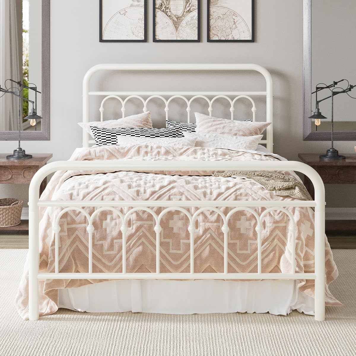 Full Size Metal Platform Bed Frame with Headboard, Cream
