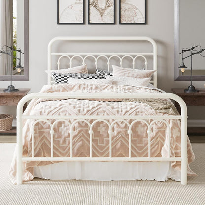 Full Size Metal Platform Bed Frame with Headboard, Cream