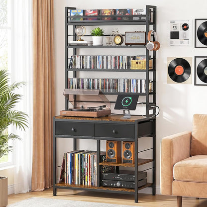 Tall CD Rack with Power Outlet & Drawers, 8-Tier DVD Storage Shelf