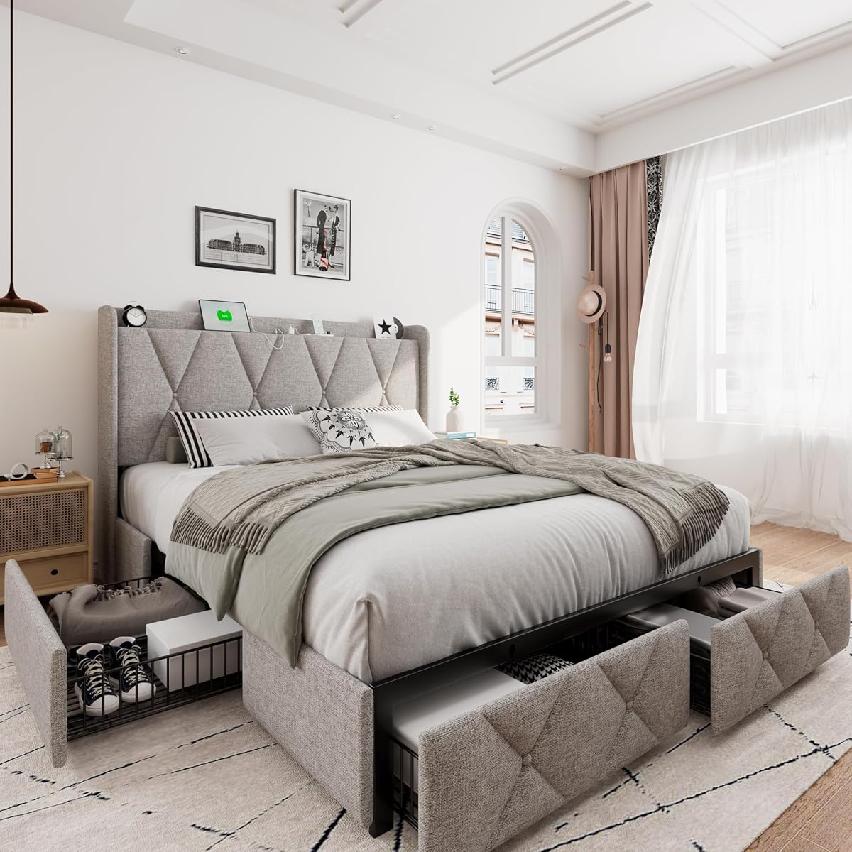 Light Grey Modern Wingback Storage Bed