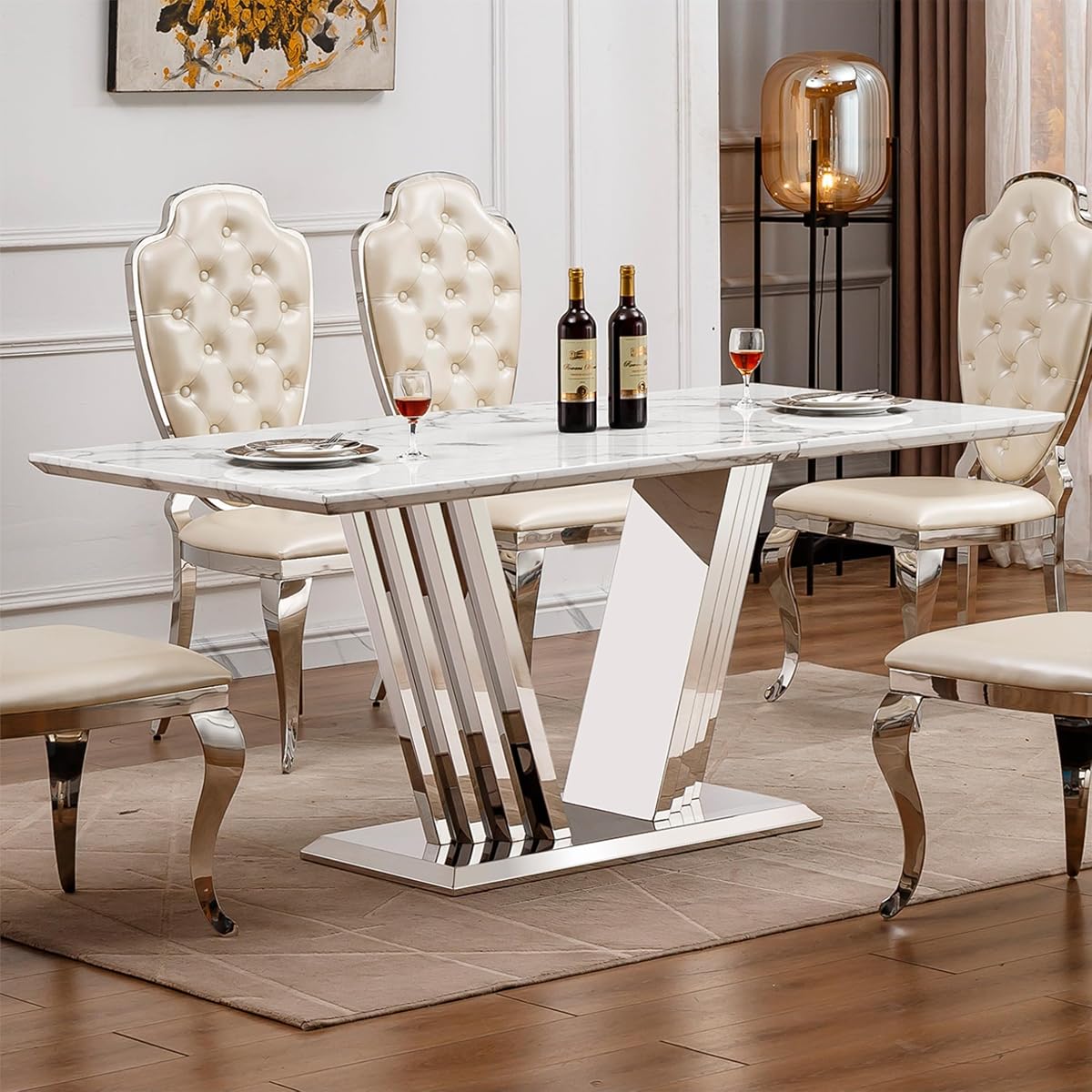 Marble Dining Table for 6 People, 70'' Rectangle Faux Marble Dining Table with Mirrored Stainless Steel Base, Large Size Marble Kitchen Table (Silver,White)(only Table)