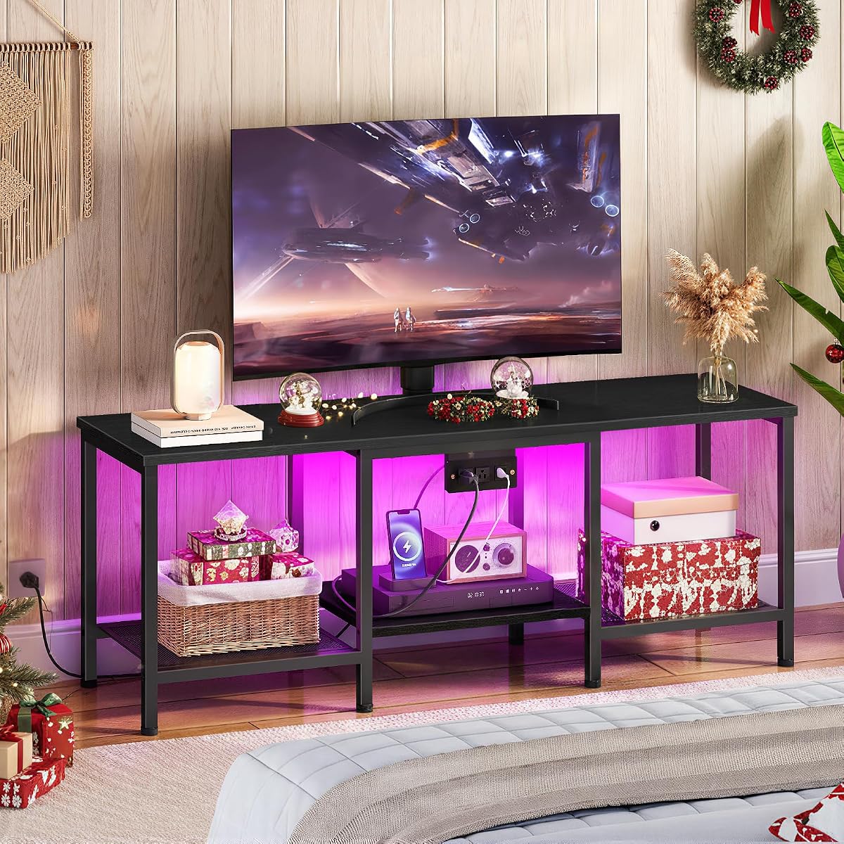 TV Stand with Charging Station to 55 Inches, LED Entertainment Center