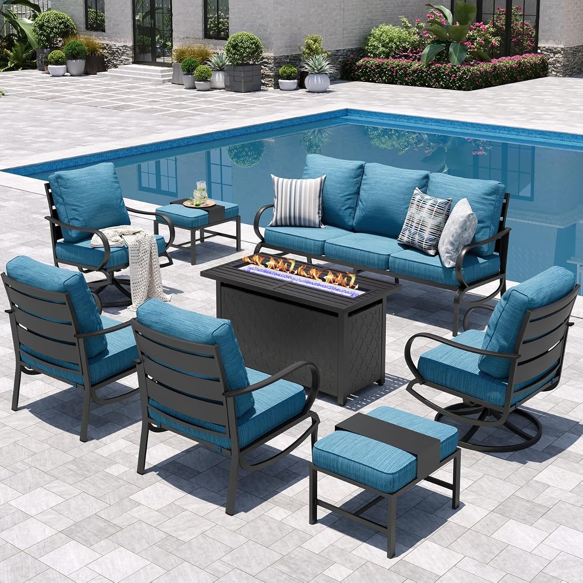Patio Furniture Set with Fire Pit Table, Peacock Blue