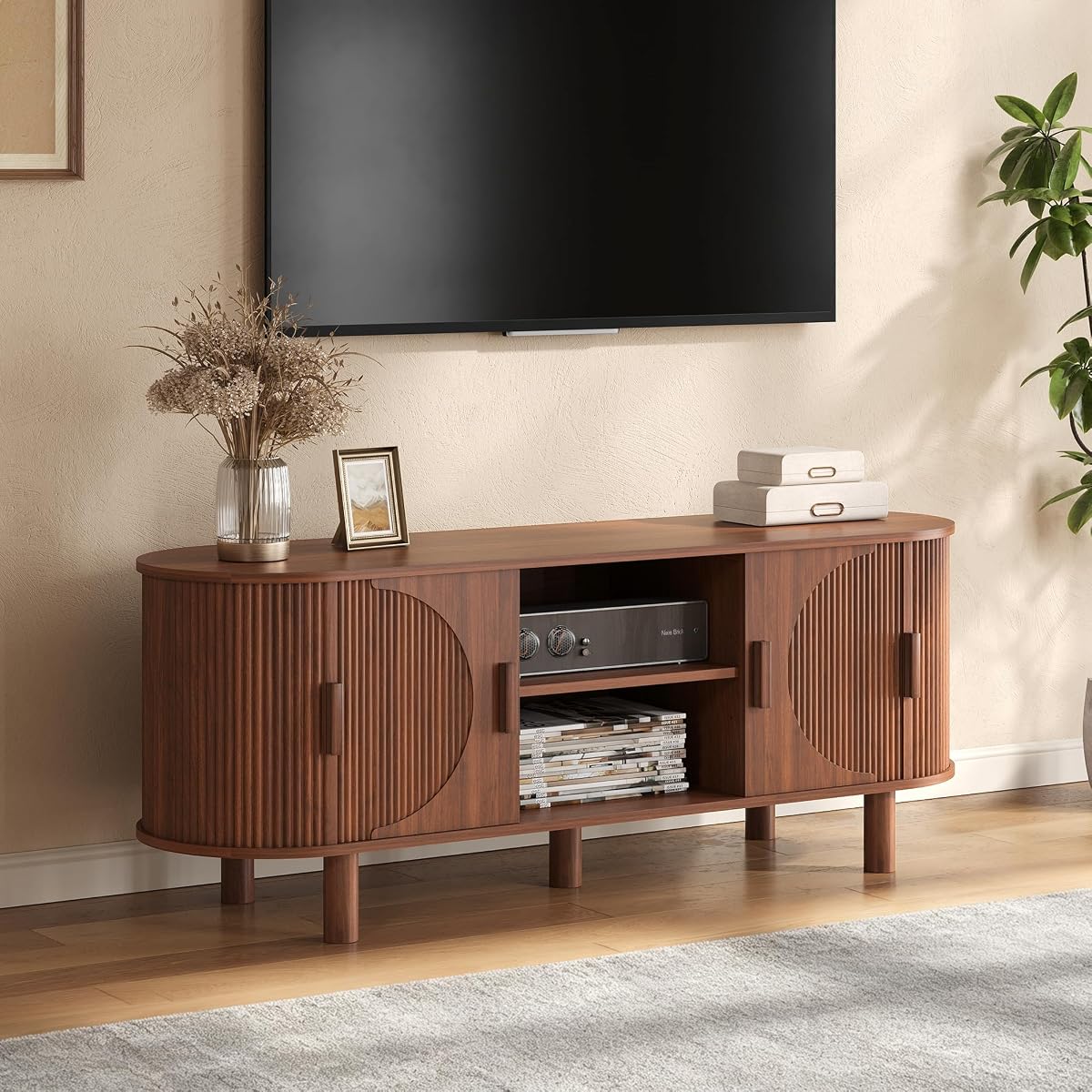 55" Mid Century Modern TV Stand with Fluted Sliding Doors