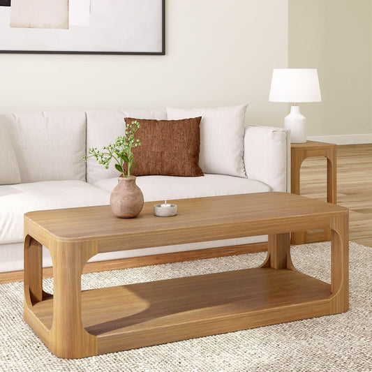 Forma Coffee Table, 54 Inch Modern Coffee Table with Shelf, Contemporary Center Table with Storage Space, Rectangle Tea Table with Storage, Pecan