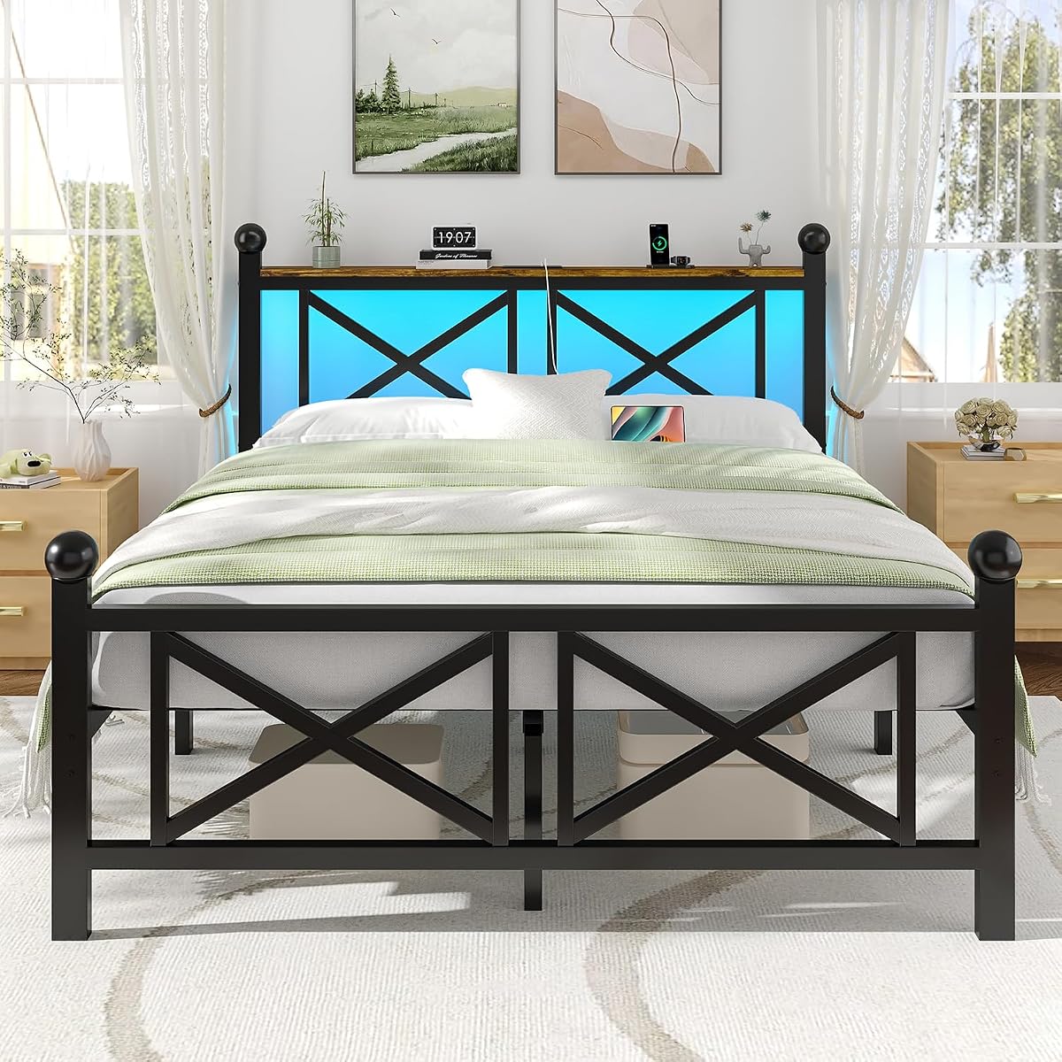 DynJest Full Size Black Heavy Duty Bed Frame with LED Lights