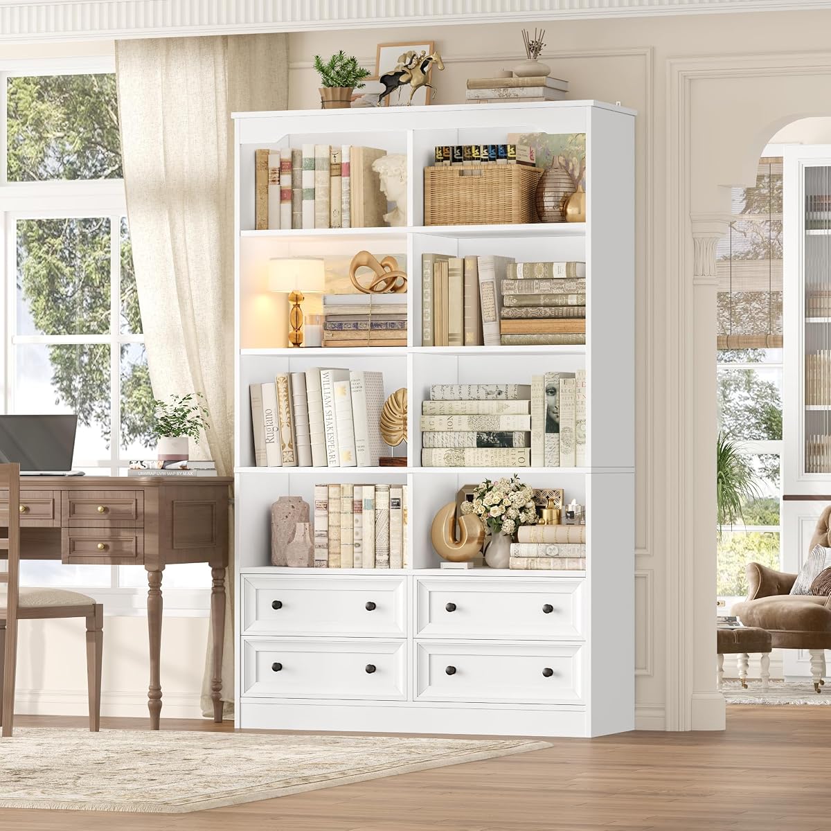 71" Tall Bookshelf with 4 Drawers, 6-Tier Double Wide Bookshelves and Bookcases with Storage, White Bookshelf Large Open Bookshelves Standing Book Cabinet for Home Office, White