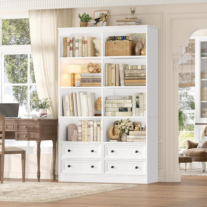 71" Tall Bookshelf with 4 Drawers, 6-Tier Double Wide Bookshelves and Bookcases with Storage, White Bookshelf Large Open Bookshelves Standing Book Cabinet for Home Office, White