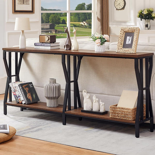 Sofa Console Table, 70.9" Extra Long Sofa Table with 2-Tier Storage, Industrial Narrow Console Tables Behind Couch, Hallway Table for Entryway, Living Room, Rustic Brown