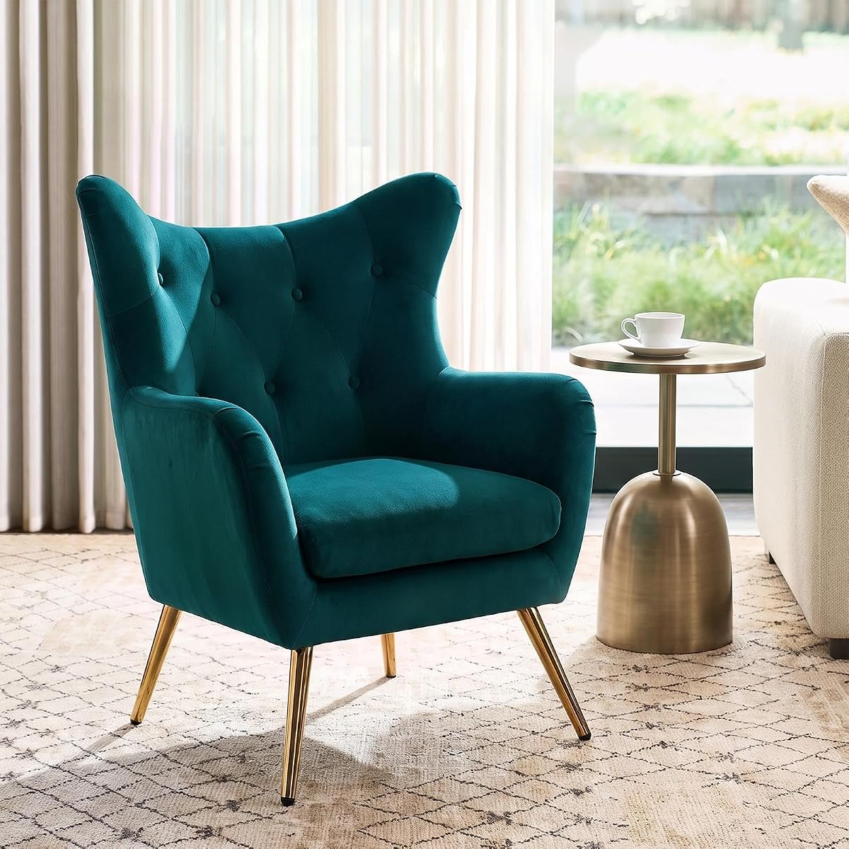 Teal Velvet Tufted Wingback Armchair with Gold and Wood Legs