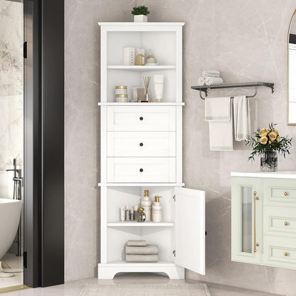 69 Inch Tall Corner Storage Cabinet with Adjustable Shelves, White | White MDF, bathroom kitchen or living room, adjustable shelves, open shelf, enclosed cabinet, triangle compartments, 23 in W