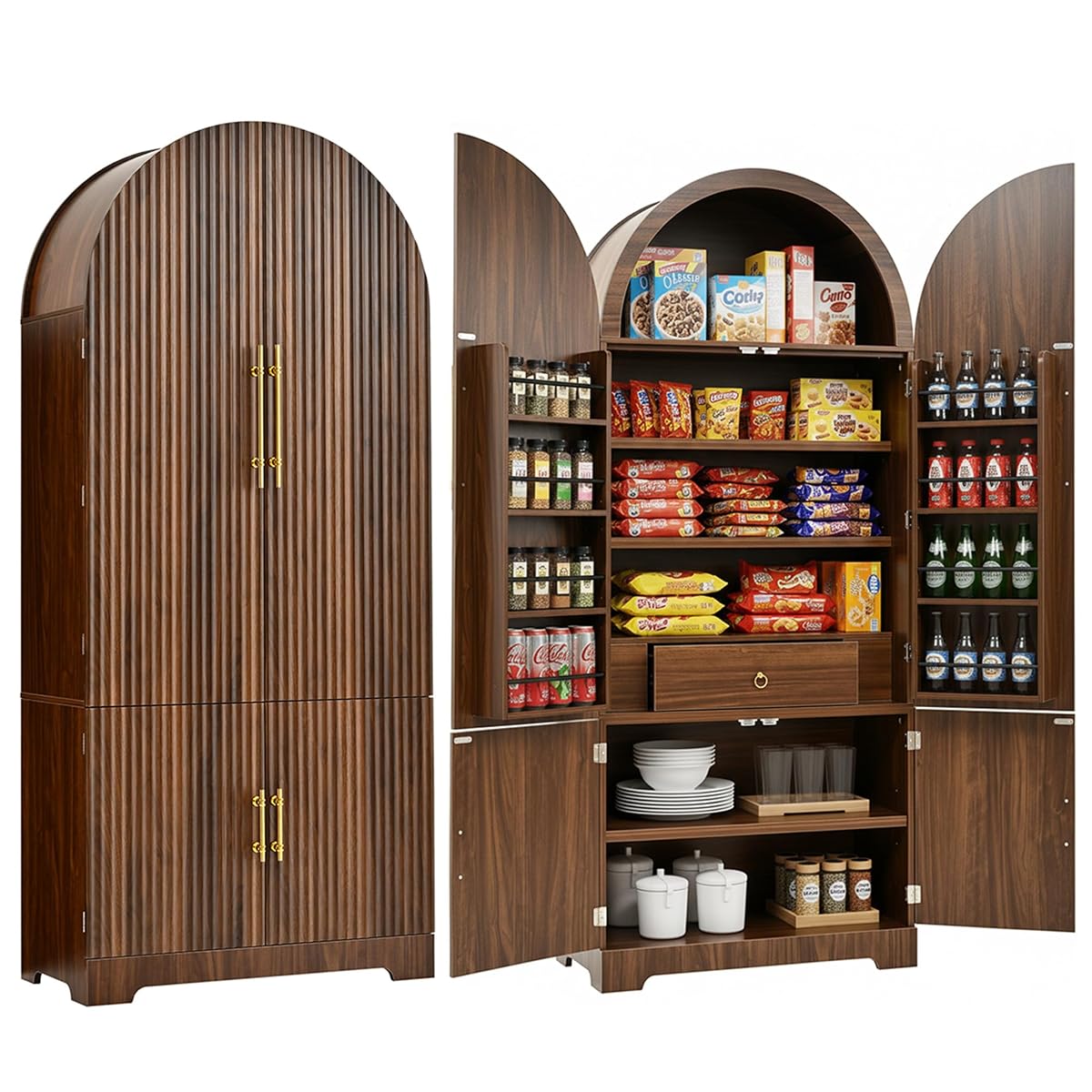 72" Tall Arched Cabinet Kitchen Pantry with 4 Doors, Fluted Storage Cabinets with 3 Adjustable Shelves & 1 Hidden Drawer & 8 Door Shelves, Versatile Cupboard for Kitchen, Dining Room, Brown