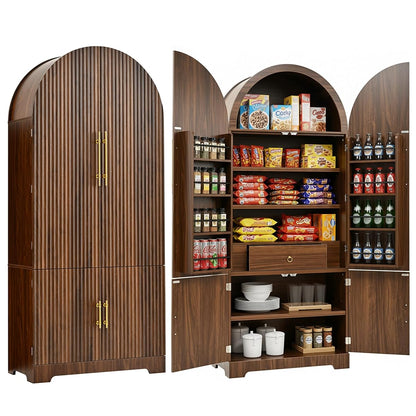 72" Tall Arched Cabinet Kitchen Pantry with 4 Doors, Fluted Storage Cabinets with 3 Adjustable Shelves & 1 Hidden Drawer & 8 Door Shelves, Versatile Cupboard for Kitchen, Dining Room, Brown