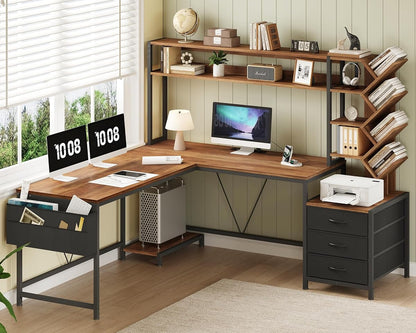 63" L Shaped Desk with Bookshelf, Drawers and Hutch for Home Office