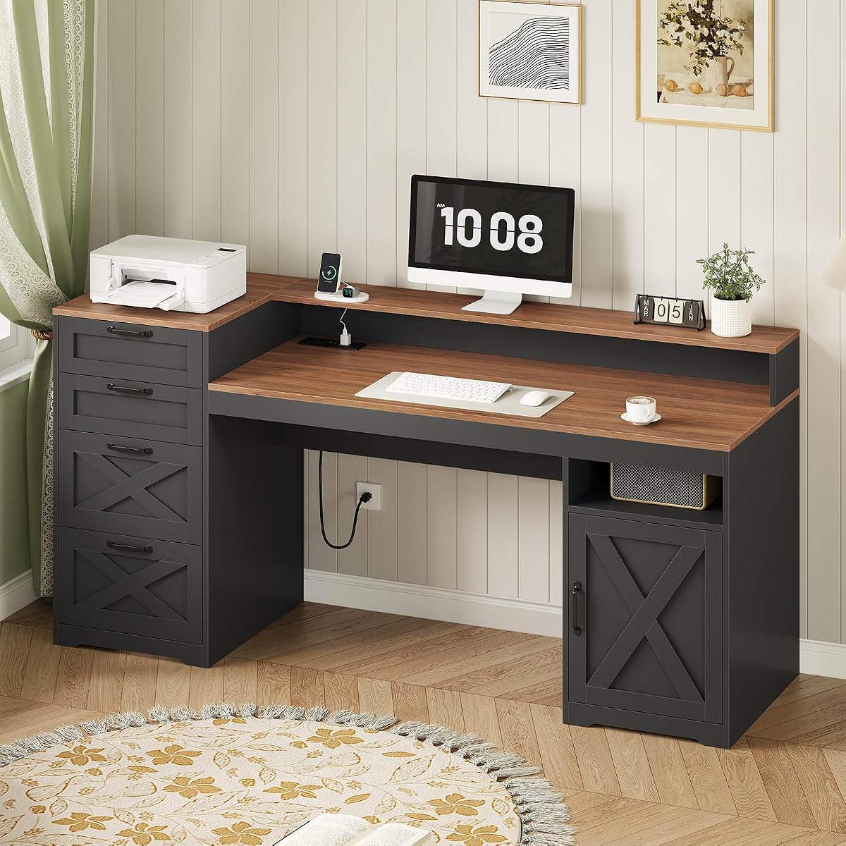 63" Farmhouse Computer Desk with 4 Drawers for Home Office, Bedroom
