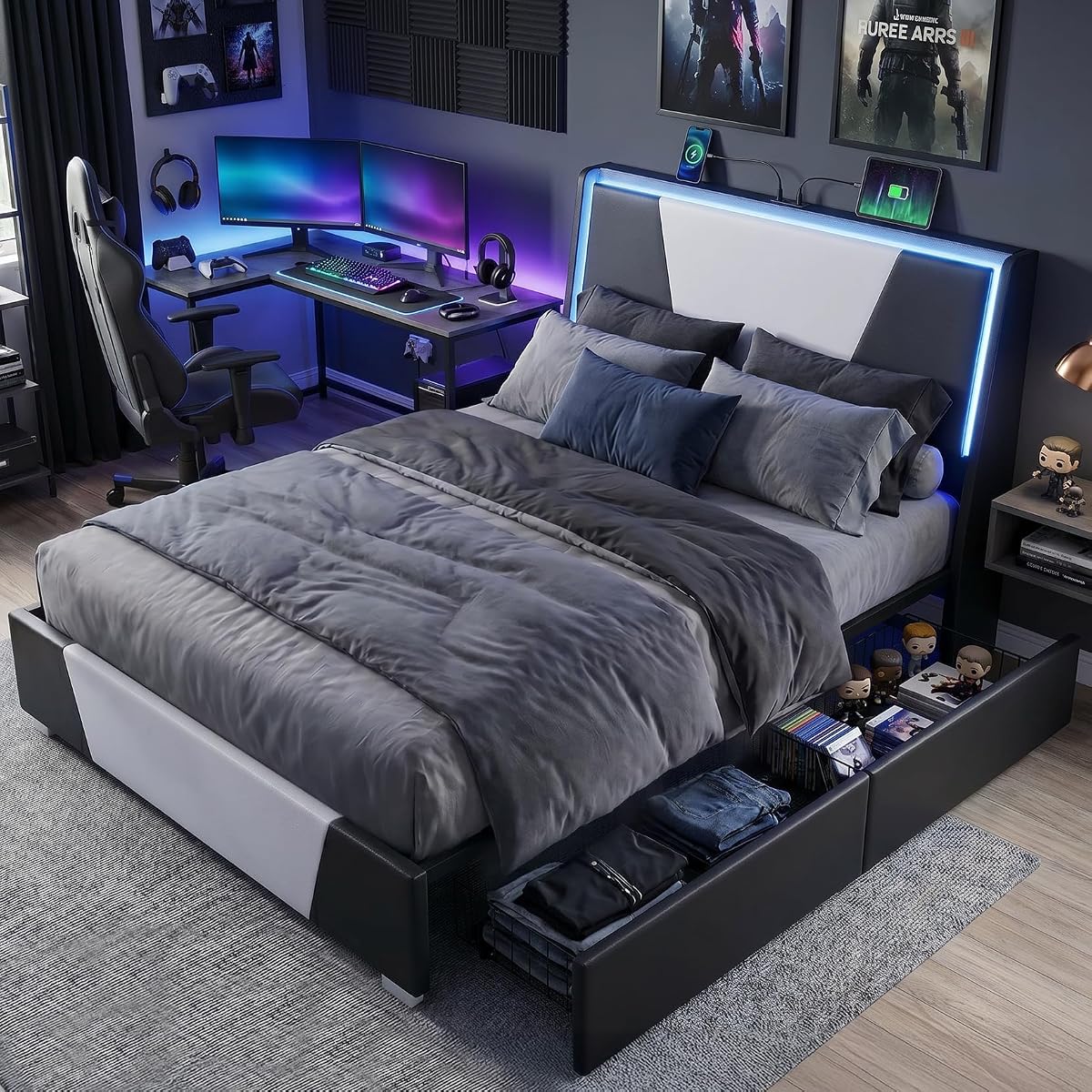 Full Size Bed Frame Upholstered Headboard Lights Storage Drawers