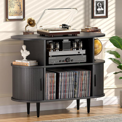 Large Record Player Stand with Storage and Shelves (Black)