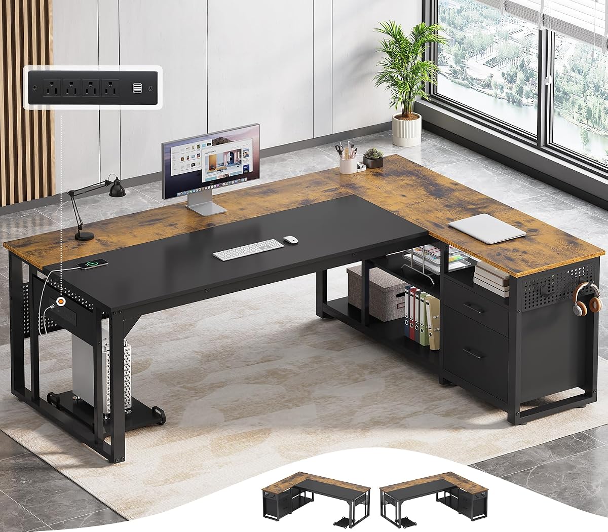 71" L Shaped Executive Desk, Office Desk with Storage Drawers