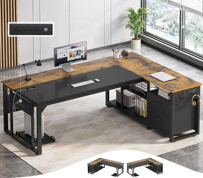 71" L Shaped Executive Desk, Office Desk with Storage Drawers