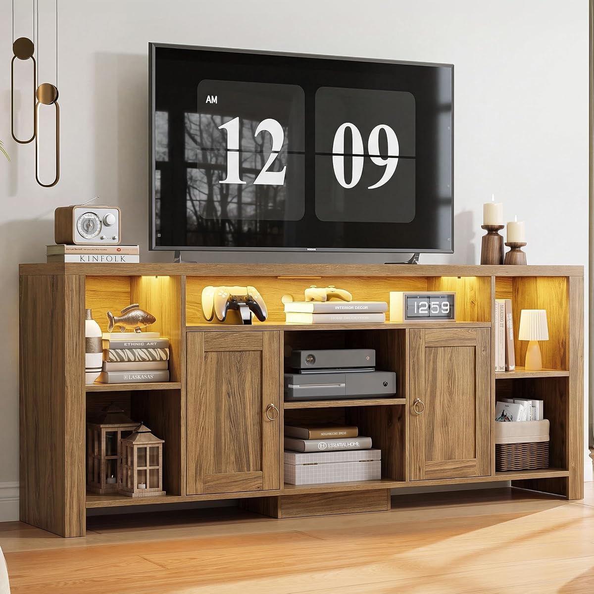 70" TV Stand for TVs up to 80", LED Entertainment Center, Oak Brown