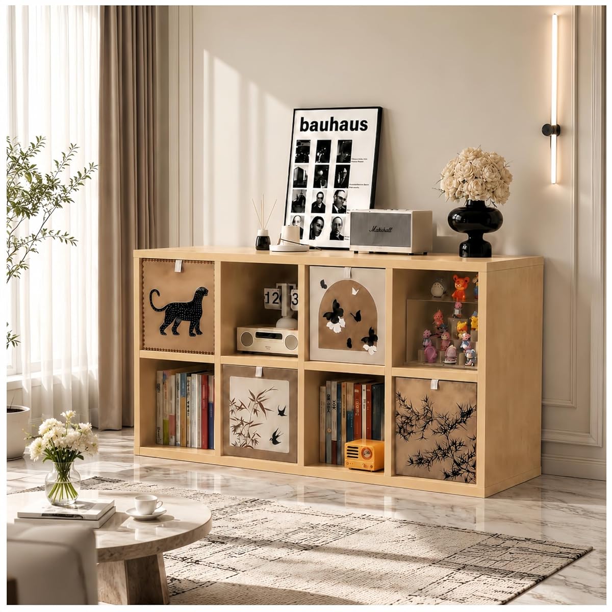 real Solid Wood 8 Cube Storage Organizer Shelf with 4 Bins,Low Bookcase
