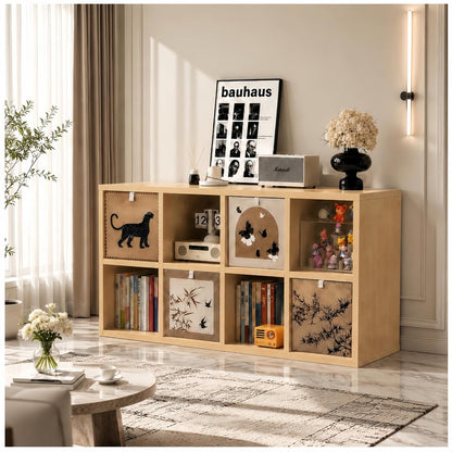 real Solid Wood 8 Cube Storage Organizer Shelf with 4 Bins,Low Bookcase