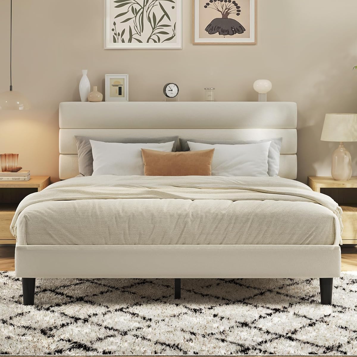 Queen Bed Frame, Platform Bed Frame with Velvet Upholstered Headboard