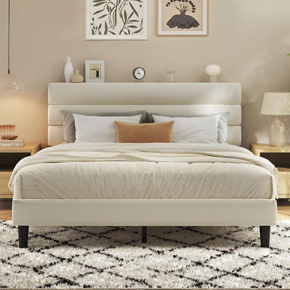 Queen Bed Frame, Platform Bed Frame with Velvet Upholstered Headboard
