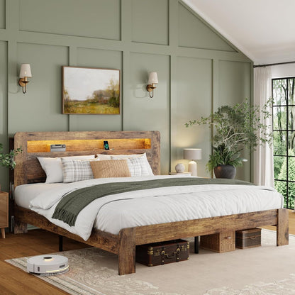 King Wood Bed Frame with Storage Headboard and Charging Station