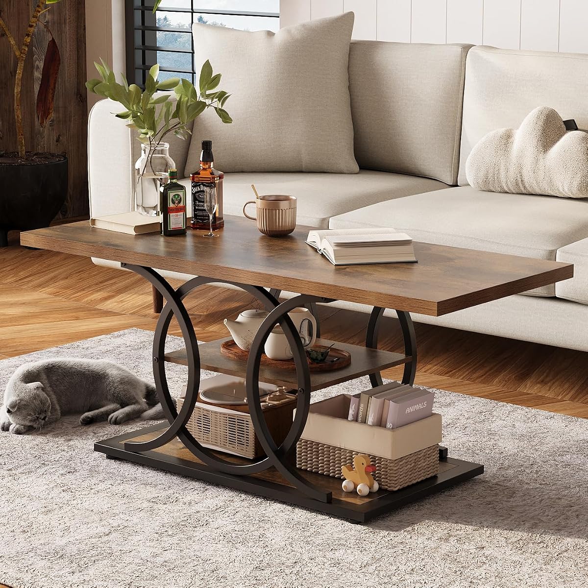 Rustic Coffee Table with Storage Industrial 3 Tier Center Living Room Table Farmhouse Wooden Rectangle Cocktail Tea Table for Office Bedroom Elegant Full Moon Round Metal Frame (Brown, L-47)