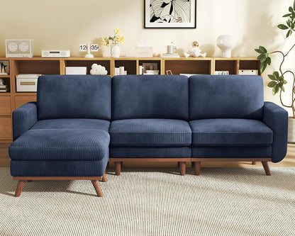 97" Modular Sectional Sofa Dark Blue, L-Shaped Couch with Movable Ottoman, Comfy Corduroy Couch with Spring Cushion, Modular Sofa with Deep Seat for Living Room, Bedroom and Apartment