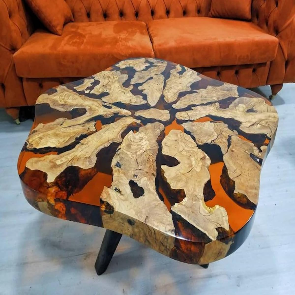 RESINHOMEFURNITURE Orange Epoxy Resin Coffee Table Unique Wood Flower Design Side Table, Living Room Table, Bedroom Table, Handmade Natural Wood Decor (Without Stand, 30 x 30 Inches)