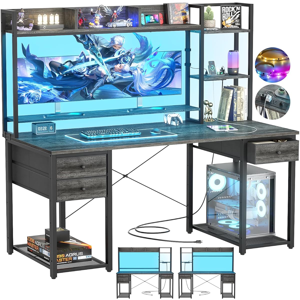 Desk with LED and Outlets, Gaming Desks with Hutch, 55.2'' Computer Desk with Drawers, Reversible Office Desk with Storage Bookshelf Large Workstation with Shelf, Desk for Home, Black Oak