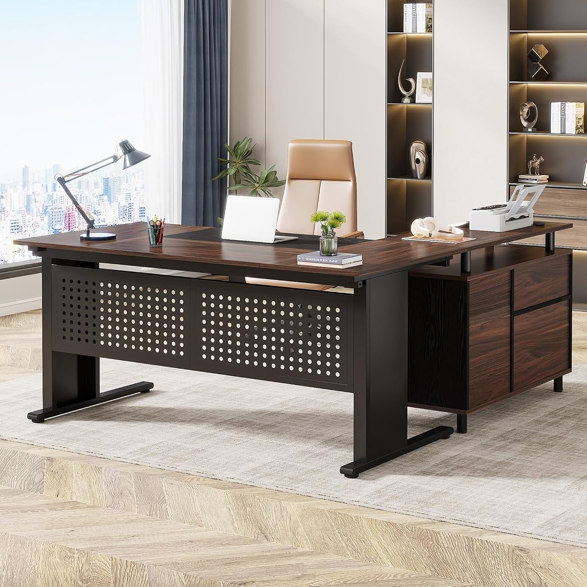 Tribesigns 63 Inch Executive Desk with File Cabinet, L Shaped Office Desk