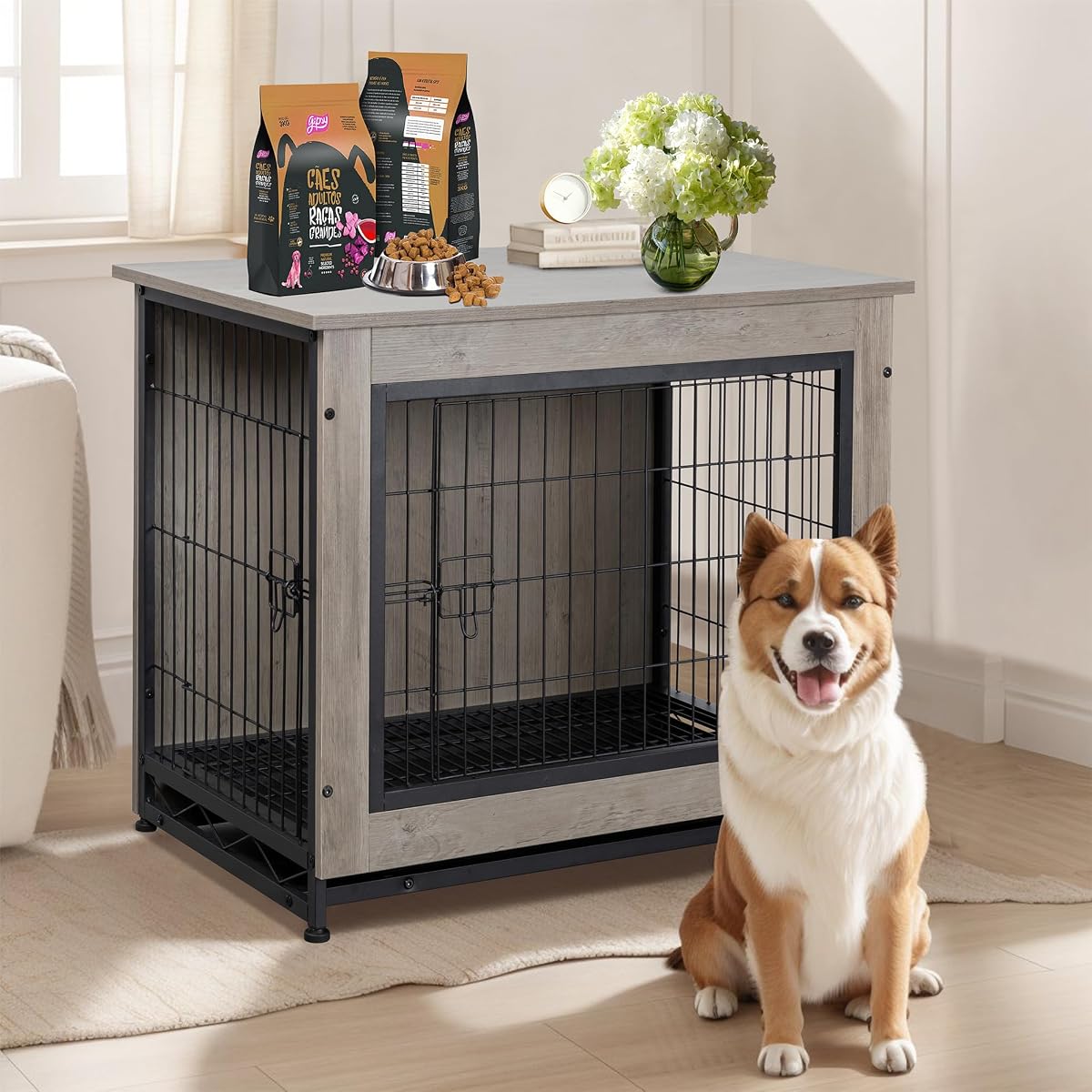 Dog Crate Furniture, Double-Doors Kennel Indoor with Removable Tray