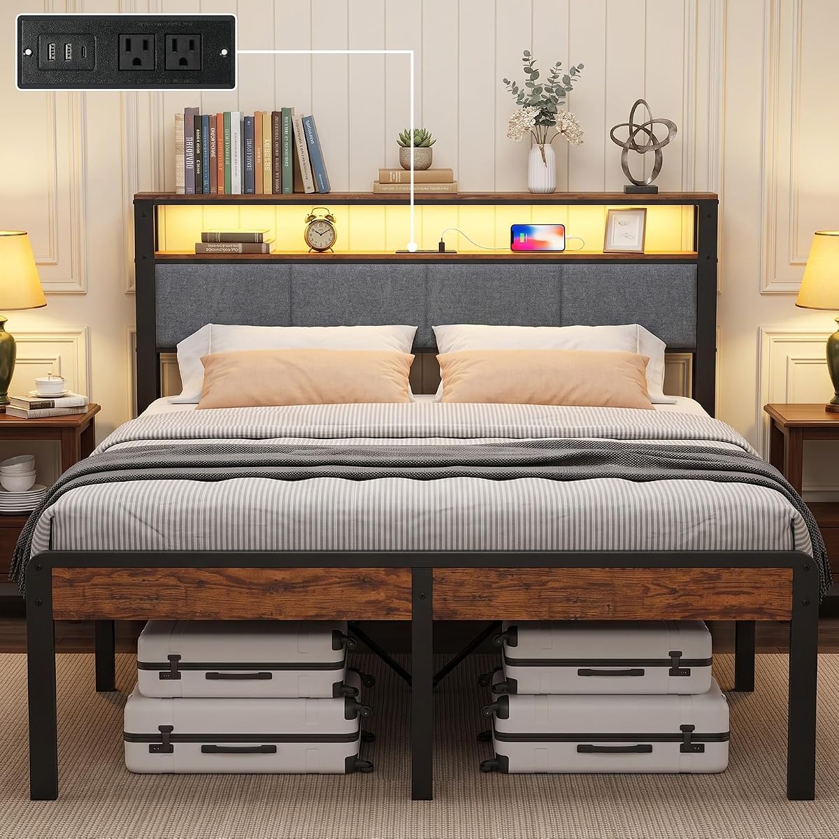 Queen Bed Frame with 18-Inch Under-Bed Storage and RGB LED Lights