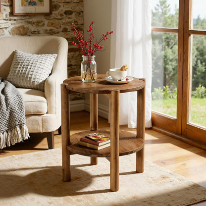Solid Wood Round Side Table, 2-Tier Small End Table with Storage Shelf, Farmhouse Rustic Nightstand for Living Room, Bedroom, Small Spaces, Easy Assembly (1 PC, Natural Brown)