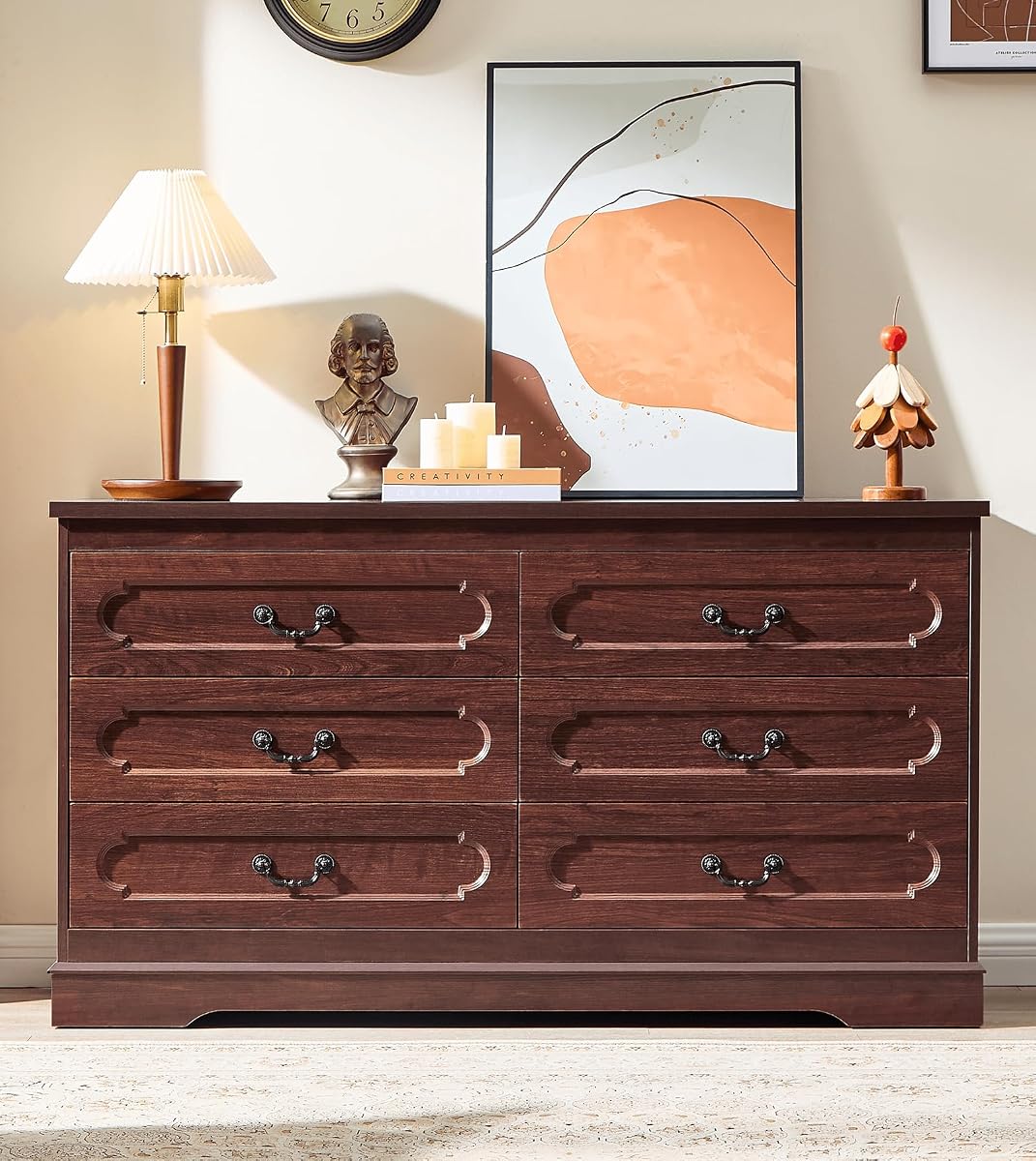6 Drawer Dresser for Bedroom Farmhouse Cherry Tall Wood Chest of Drawers for Bedroom Dresser, Modern Rustic 47.2" Wide Drawers Dressers Wooden Closet and Storage Cabinet, Hallway, Living Room