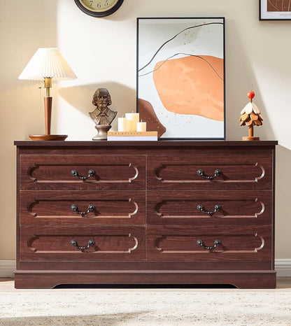 6 Drawer Dresser for Bedroom Farmhouse Cherry Tall Wood Chest of Drawers for Bedroom Dresser, Modern Rustic 47.2" Wide Drawers Dressers Wooden Closet and Storage Cabinet, Hallway, Living Room