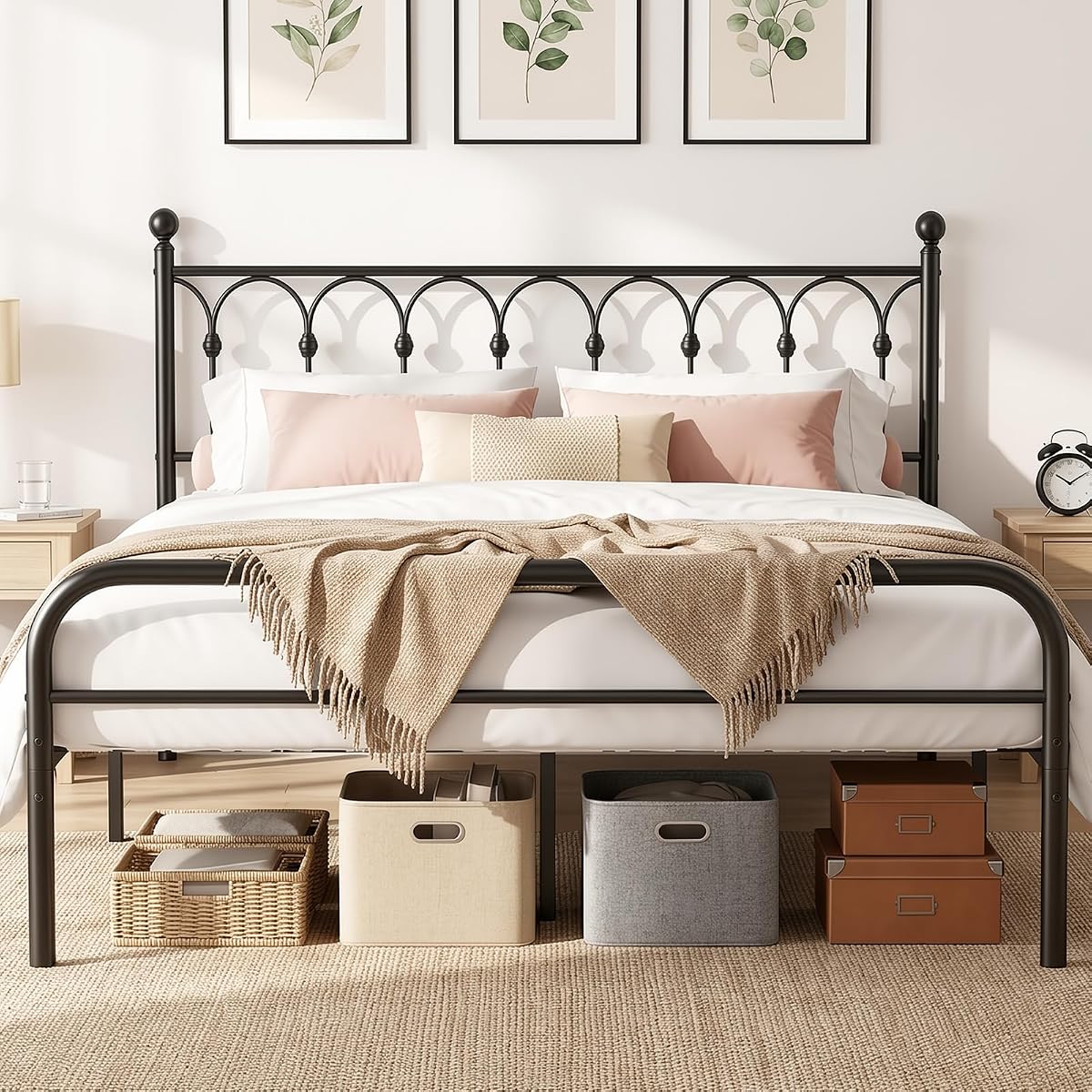 Queen Bed Frame with Headboard, Victorian Metal Platform Bed Frame