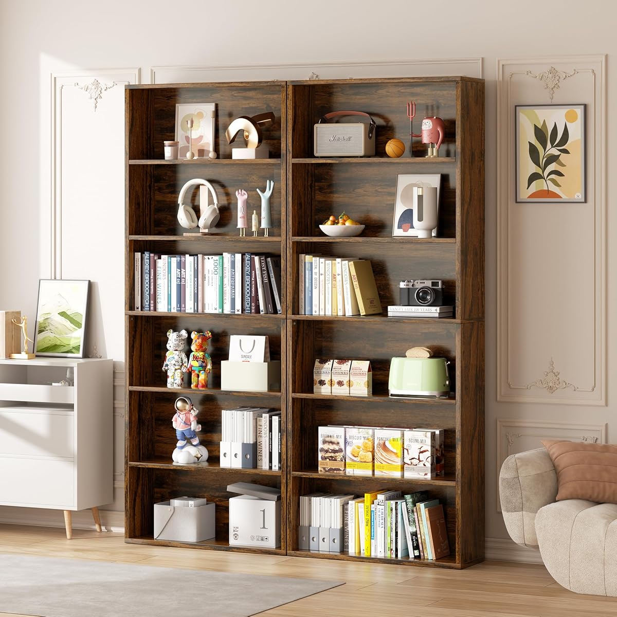 6-Tier Open Bookcase and Bookshelf, Floor Standing Wood Display Storage Shelves 71 Inch Tall Bookcase Home Decor Furniture for Home Office, Living Room, Bed Room, Rustic Brown, 2 Pieces