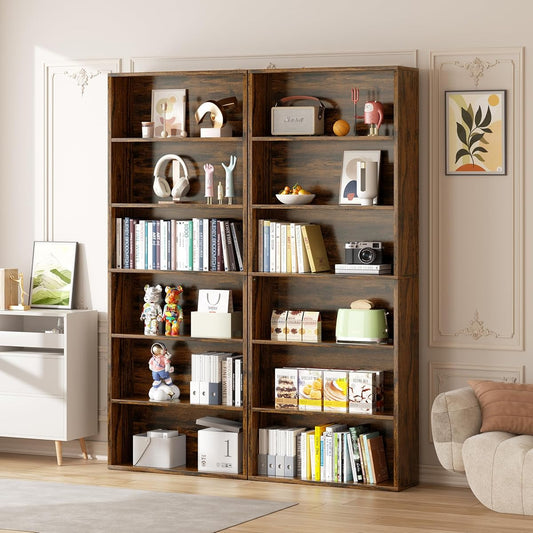 6-Tier Open Bookcase and Bookshelf, Floor Standing Wood Display Storage Shelves 71 Inch Tall Bookcase Home Decor Furniture for Home Office, Living Room, Bed Room, Rustic Brown, 2 Pieces