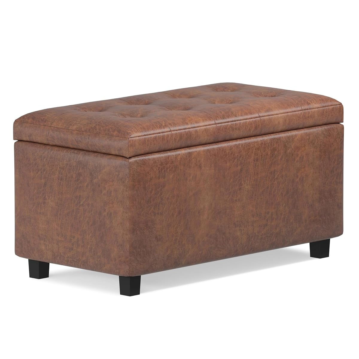 Cosmopolitan Storage Ottoman - 34 inch Wide Upholstered Vegan Leather Rectangle Storage Ottoman Bench in Distressed Saddle Brown, Transitional Tufted Ottoman for Entryway with Lift-Up Lid