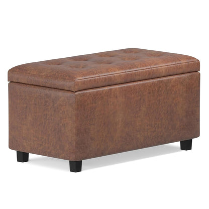 Cosmopolitan Storage Ottoman - 34 inch Wide Upholstered Vegan Leather Rectangle Storage Ottoman Bench in Distressed Saddle Brown, Transitional Tufted Ottoman for Entryway with Lift-Up Lid