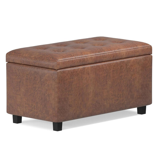 Cosmopolitan Storage Ottoman - 34 inch Wide Upholstered Vegan Leather Rectangle Storage Ottoman Bench in Distressed Saddle Brown, Transitional Tufted Ottoman for Entryway with Lift-Up Lid