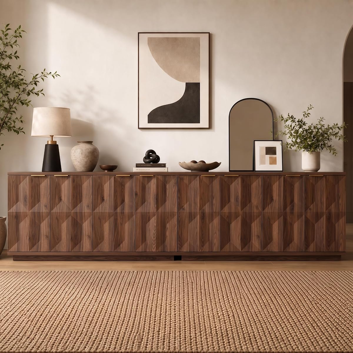 118" Sideboard Buffet Cabinet with 3D Geometric Doors, Long Credenza