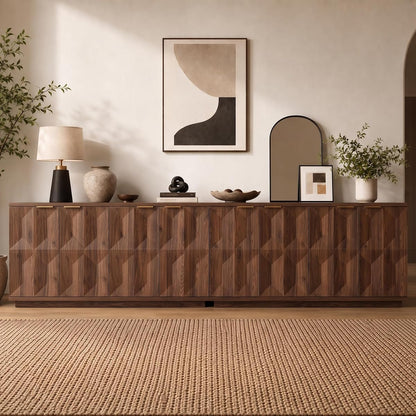118" Sideboard Buffet Cabinet with 3D Geometric Doors, Long Credenza